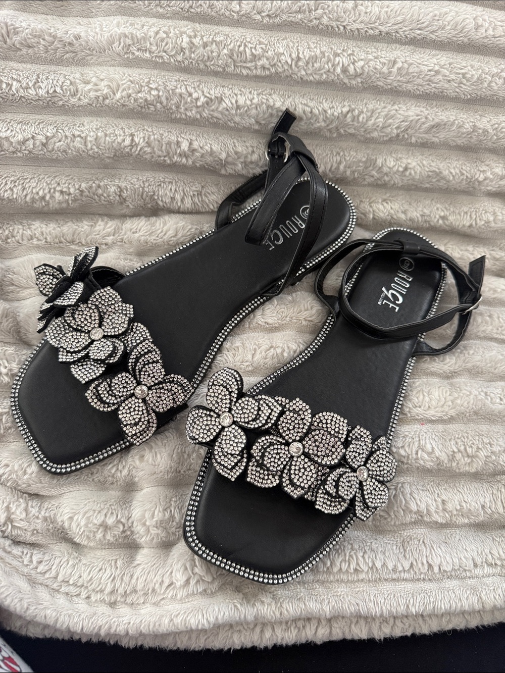 Rouge! Black Crystal Floral Ankle-Strap Sandals